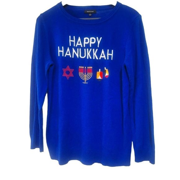 Verve Ami Sweaters - Soft and cozy Happy Hanukkah sweater cerulean blue with menorah Star of David an